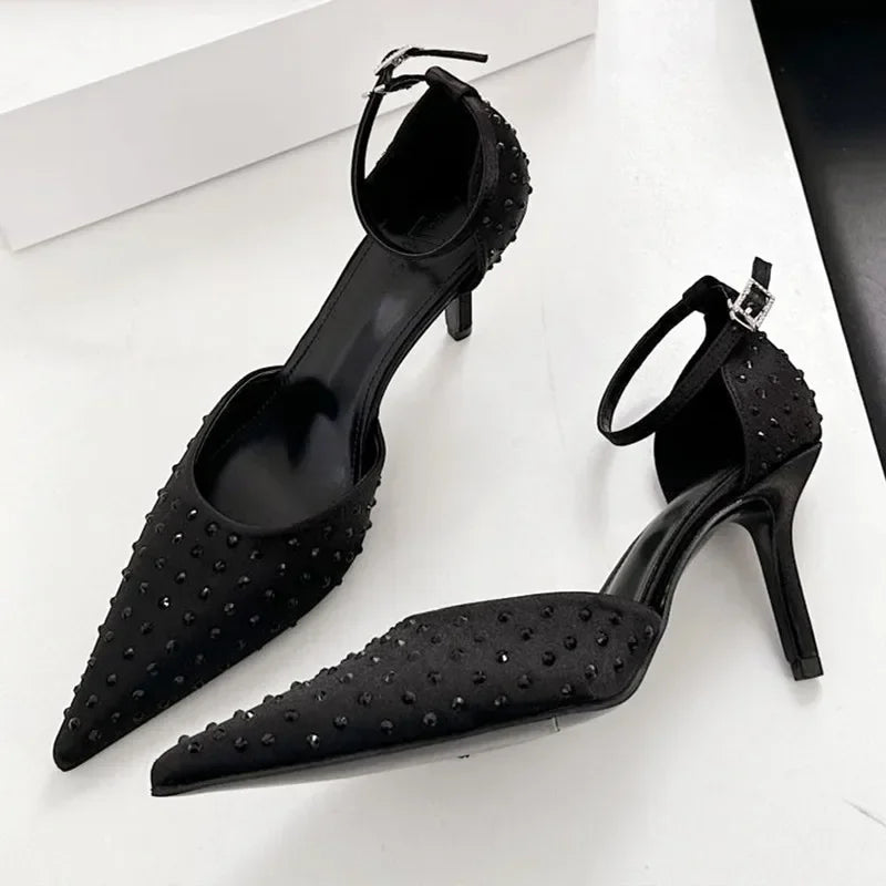 Rhinestone Pointed Toe Thin High Heels Elegant Ankle Strap Buckle Heeled Sandals Banquet
