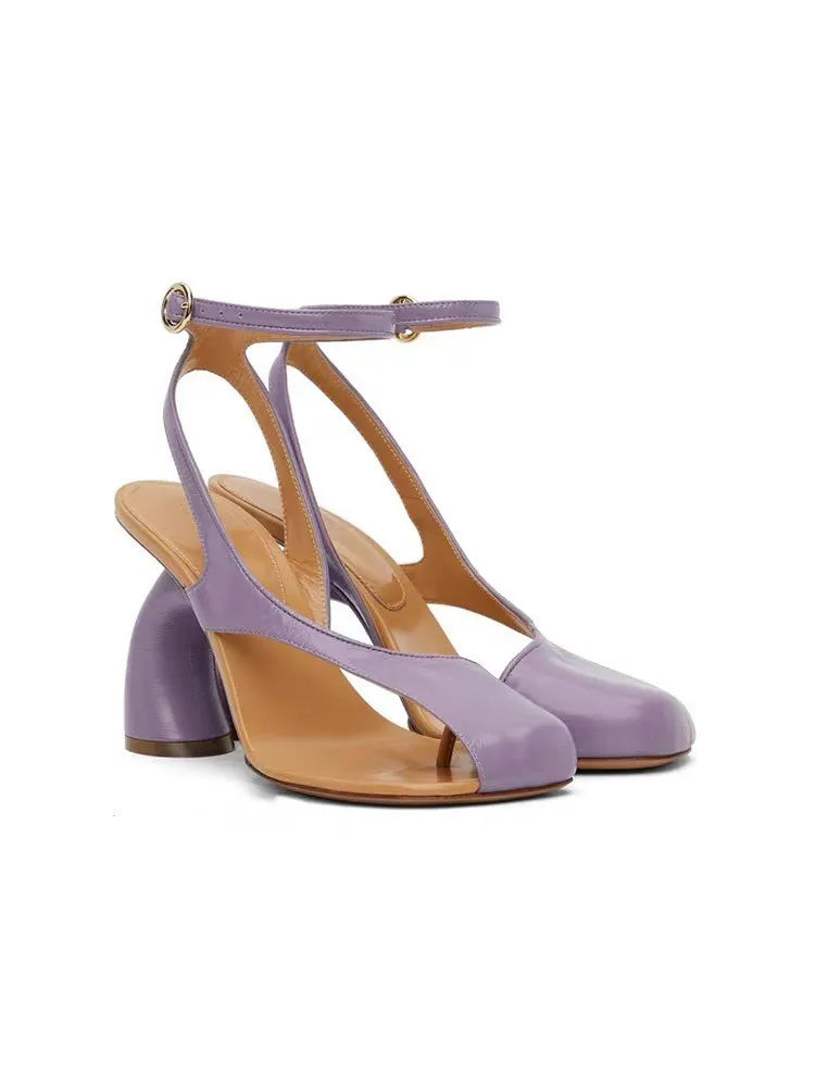 Leather Sandals Square Toe Ankle Strap Chunky Heel Elegant Party Evening