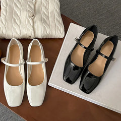 Patent Leather Square Toe Buckle Strap Sandals Low Heels Party