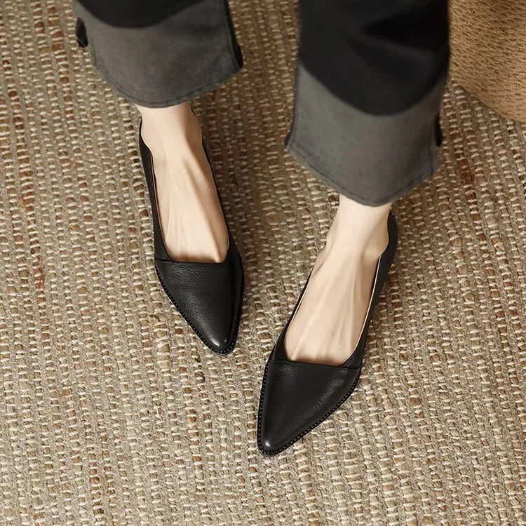Retro Leather Heels Shoes Pointed Toe Slip-on Loafers Mid Heeled Shoes Casual Pumps