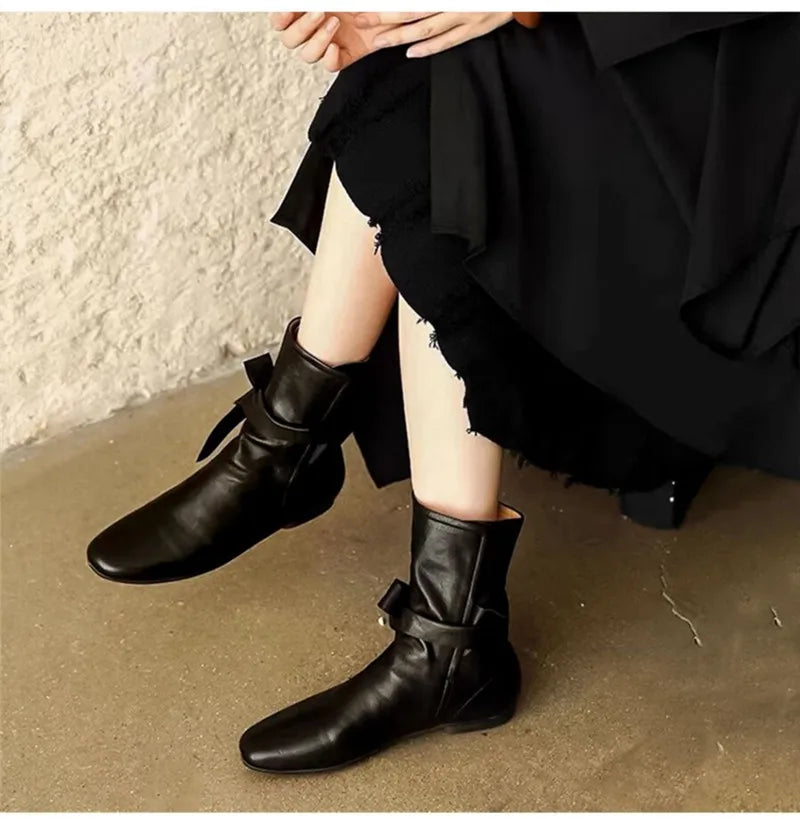 Soft Leather Lace-up Ankle Boots Comfortable Flats Short Booties Bowknot Chelsea Boots Shoes Botas