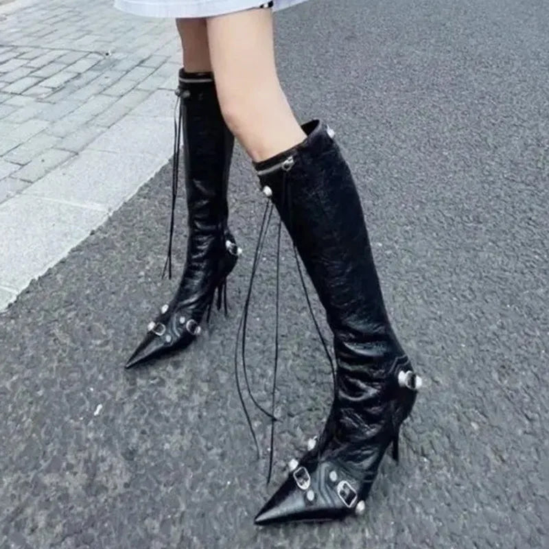 Chelsea Boots Pointed Toe High Heels Shoes Stilettos Knee High Boots Pumps Motorcycle Botas