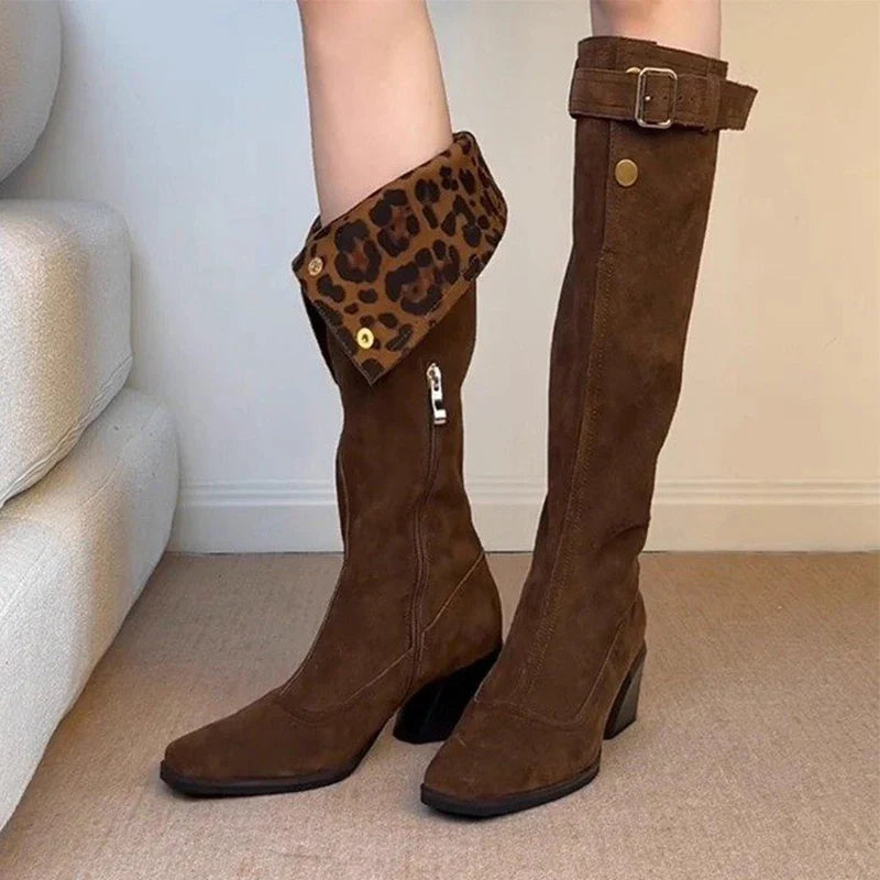 Leopard Knee High Boots High Heels Shoes Warm Long Boots Suede Pumps Chunky Chelsea Boots Snow Botas