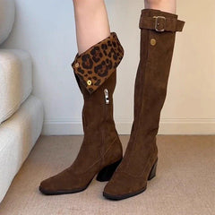 Leopard Knee High Boots High Heels Shoes Warm Long Boots Suede Pumps Chunky Chelsea Boots Snow Botas