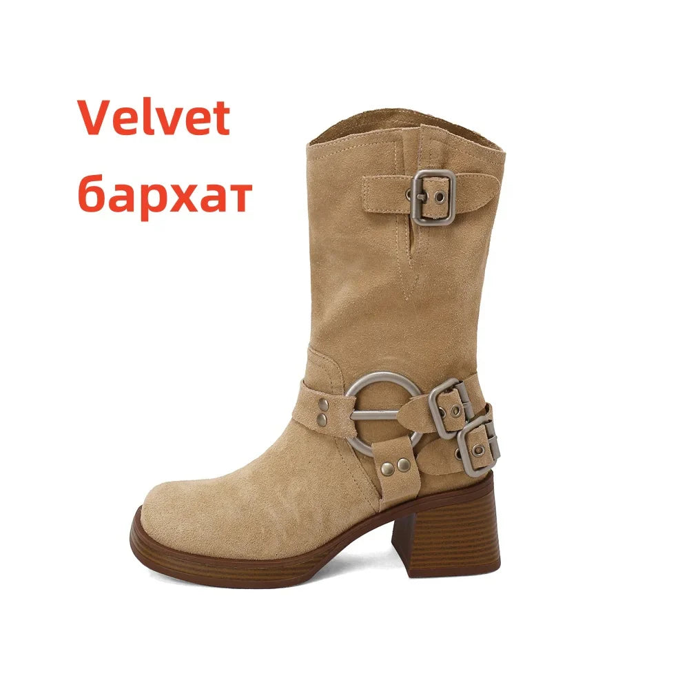 Cow Suede Leather Mid-calf Boots Thick High Heels Warm High Boots Motorcycle Boots Shoes