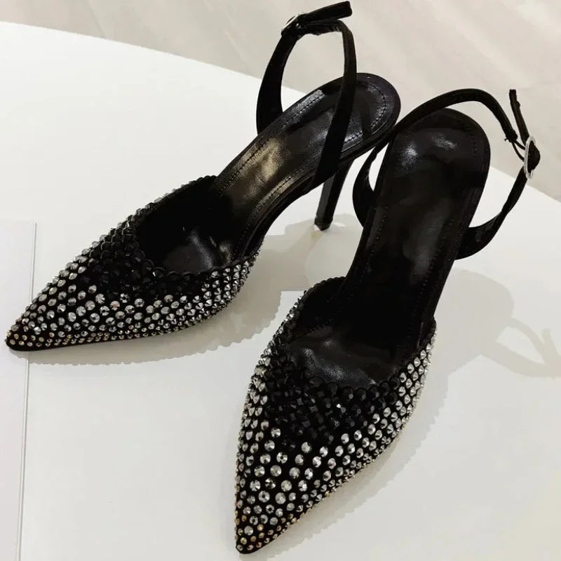 Rhinestones Pointed Toe Thin High Heels Hollow Buckle Brand Sandals Banquet Party Shoes