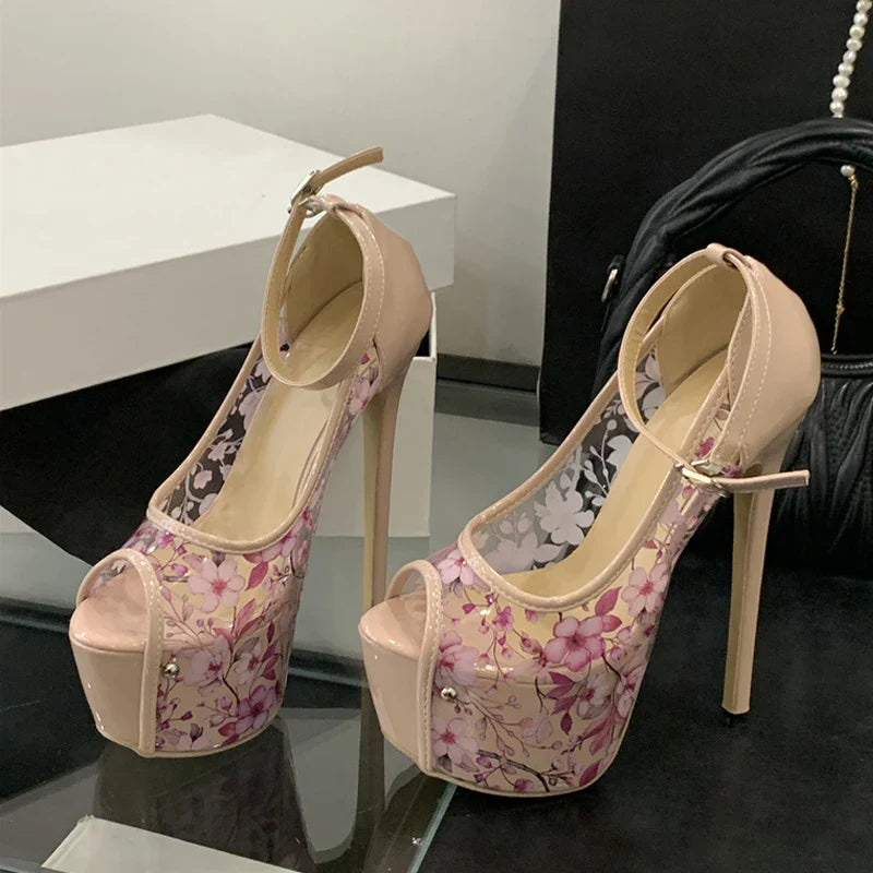 Design Pink Flowers PVC Transparent Platform Pumps Peep Toe 16CM Super High Heels Wedding Banquet Shoes