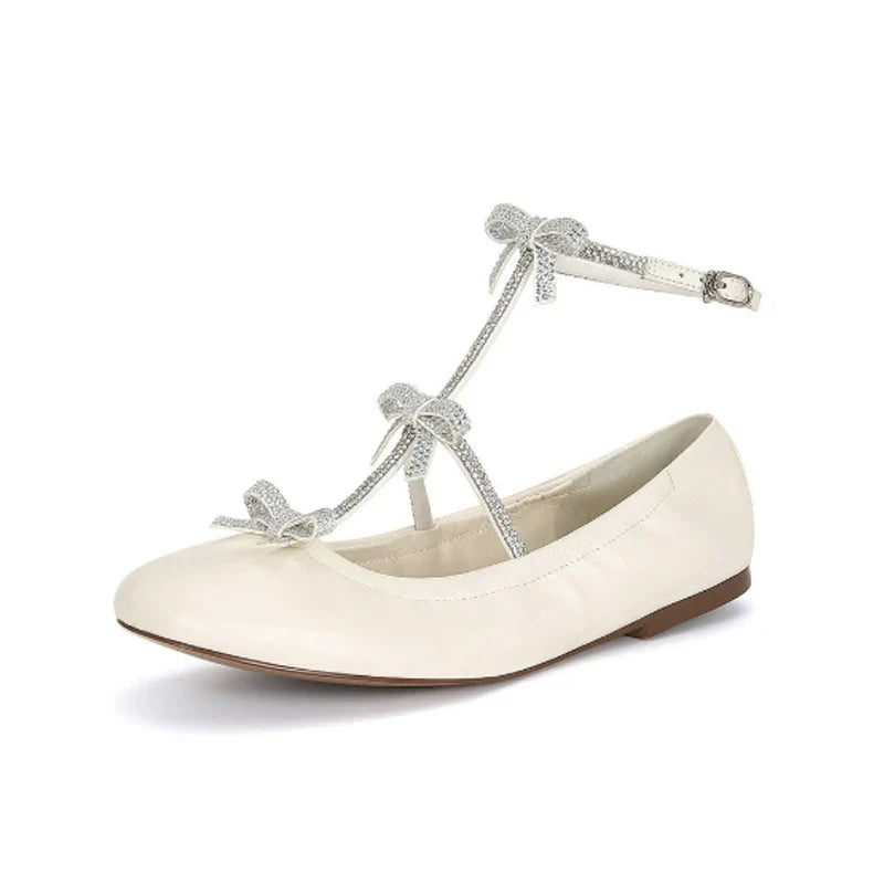 Rhinestone Bow T-Strap Round Toe Flat Ballet Shoes Woman Buckle Mary Jane Shoes Woman Pumps