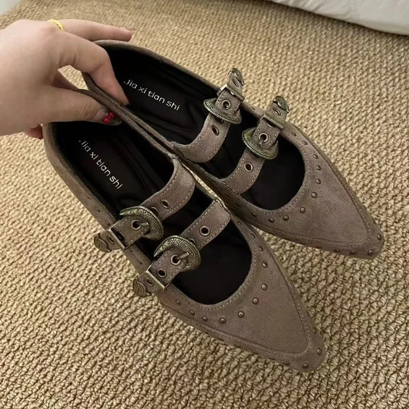 Rivets Pointed Toe Mary Jane Shoes High Quality Double Belt Buckle Design British Style Casual Flat Shoes