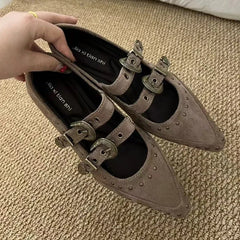 Rivets Pointed Toe Mary Jane Shoes High Quality Double Belt Buckle Design British Style Casual Flat Shoes