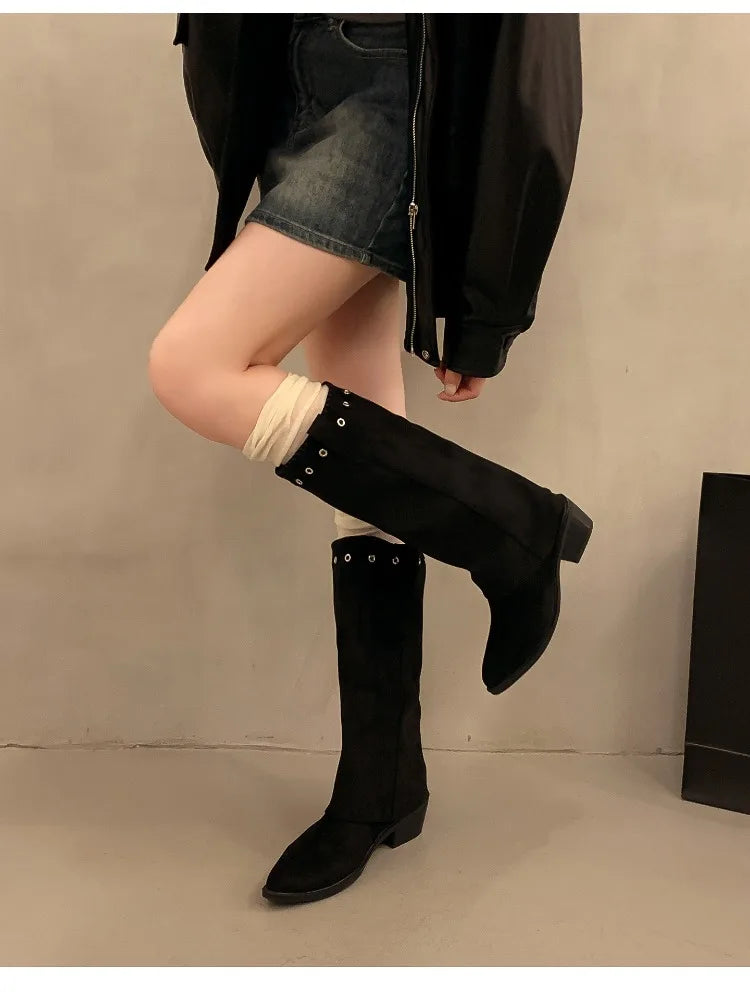 Vintage Thick Heel Western Cowboy Boots Button Combination Splicing Shoes Pipe Long Booties
