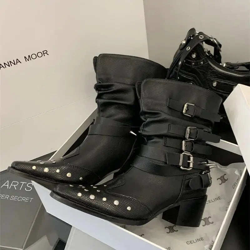 Black Gothic Shoes Platform Rivet Belt Buckle Chunky Heels Ankle Boots Punk Woman Cowboy Western Boots Arrival