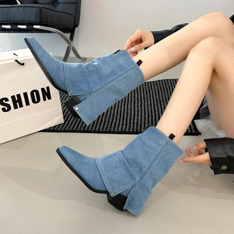 Western Cowboy Boots Vintage Pointed Toe Shoes Thick Heel Short Botas Zapatos De Mujer