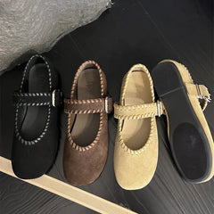 High Quality Woven Faux Suede Leather Mary Jane Shoes Metal Belt Buckle Design Shoes Comfortable Flat Loafers