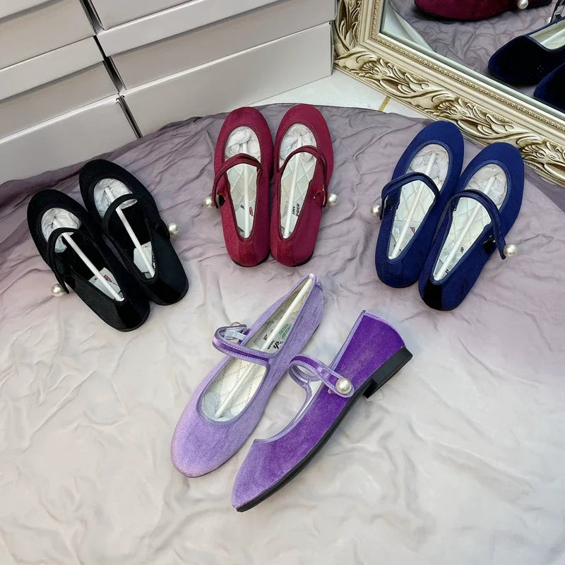 Retro Purple Burgundy Satin Pearl Velvet Mary Jane Flat Shoes