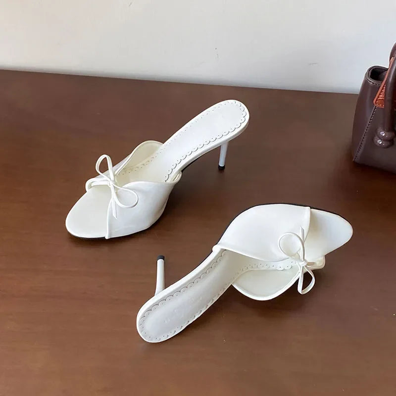 Round Toe Footwear Thin Heels Slides Shoes Butterfly-Knot Slip On High Heels Shoes