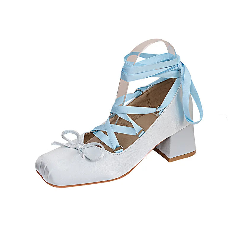 Coarse Heels Pink Cross Tie High Heels girl Ballet Shoes Elegant Silk Lolita Single Shoes