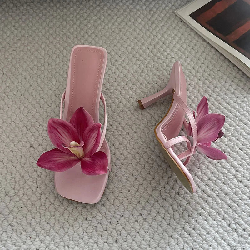 Flower Thin Heels Pumps Slides Shoes Flip flops Square Toe Heeled Sandals Shoes Big Size 43