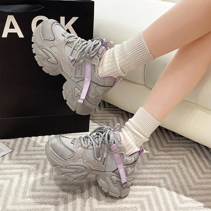 Crystal Chunky Sneakers Comfortable Lace Up Platform Dad Shoes Woman Breathable Mesh Running Sneakers