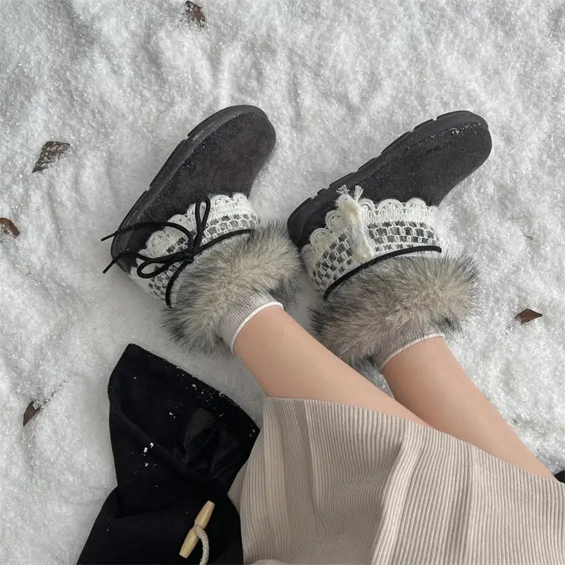 Sweet Lace Decoration Furry Suede Snow Boots Thick Bottom Fluffy Fur Ankle Boots Warm Plush Shoes
