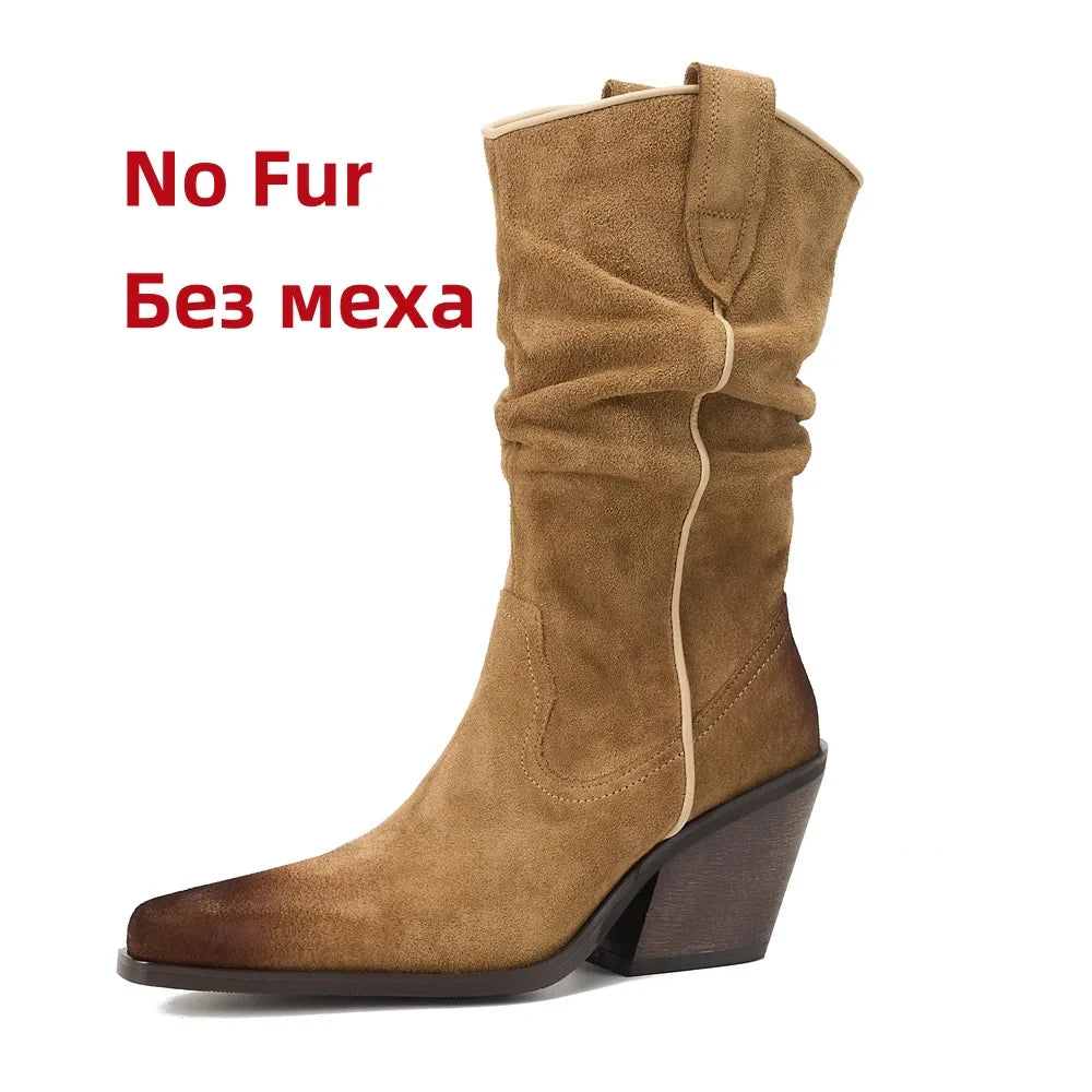 High Heel Leather Shoes Knight Boot Western Cowboy Boots Pointed Toe Thick Soled Short Boot