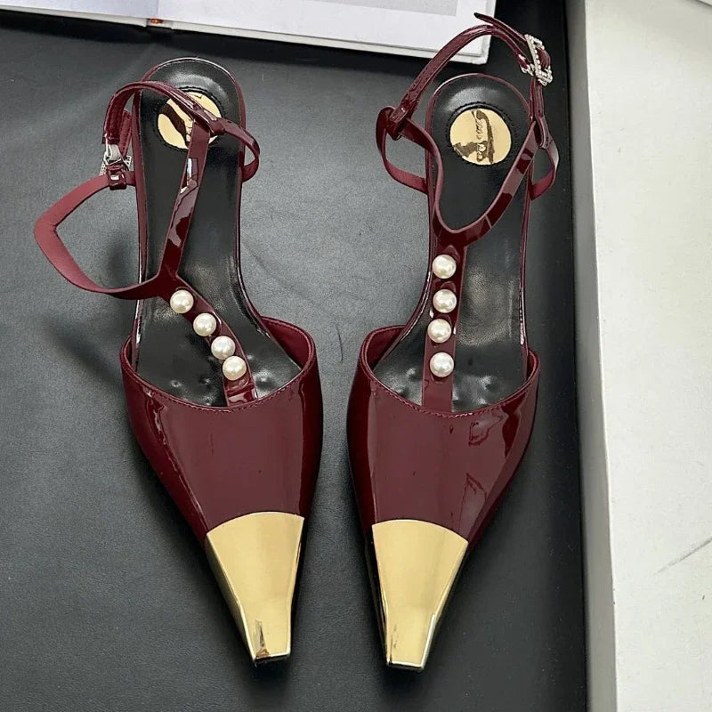 Metal Pointed Toe Thin High Heels T-Strap Pearl Elegant Party Pumps Sandals