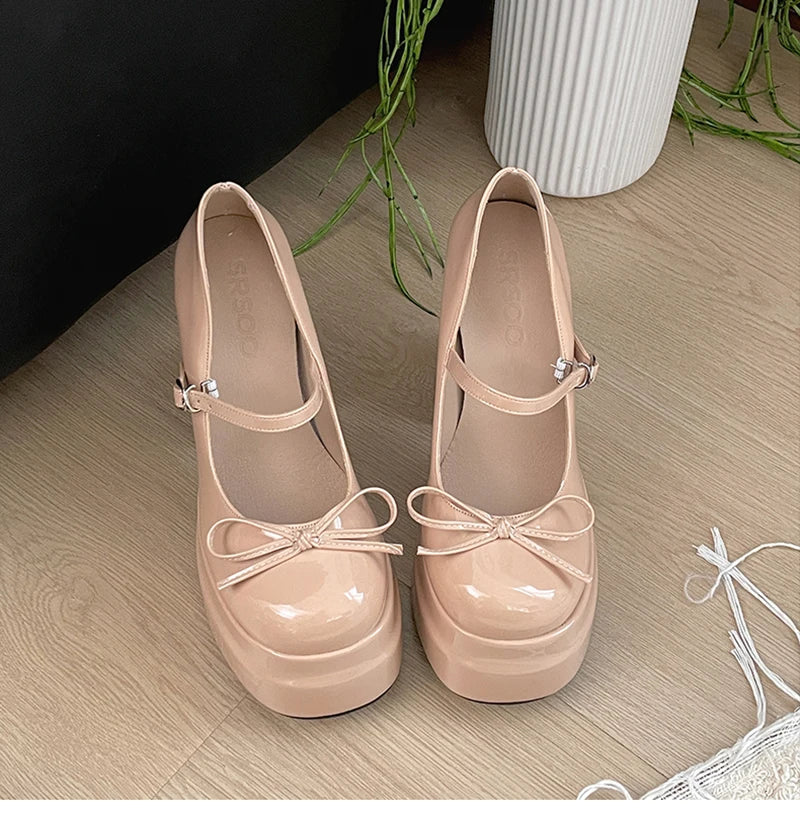 Platform Thick Heel Mary Jane Shoes Butterfly-knot Shoes Outdoor Dress Leather Pumps