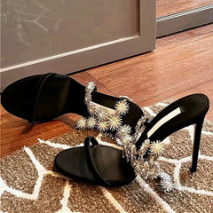 Rhinestone Thin High Heels Cross-tied Glittering Heeled Sandals Elegant Evening Party Shoes