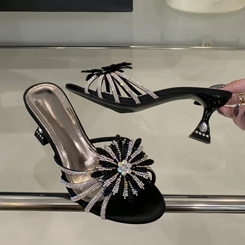 Gold Silver Crystal Gem Strange Low Heels Slippers Rhinestone Flowers Party Prom Shoes Mules Sandals