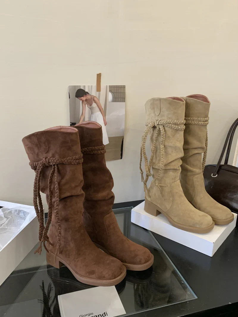 Brown Suede Boots Woman Round Toe Fall Gothic Shoes Chunky Heels Knee High Boots Western Style Shoes