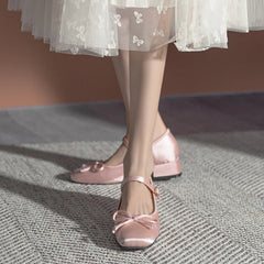 Women/girl's Pink Silk pumps sweet bowtie mary janes shoes woman square toe silk tacones ballerina shoes med-hgh heels bow shoes
