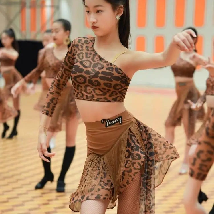 Bodycon Dress Leopard Latin Dance Shoes Dress Woman Latin Dance Dress Dance Sports Costume Girl Kid's