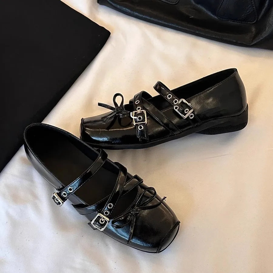 Rivet Decorated Ballet Flat Shoes with Bow Design Shoes with Square Toe Buckle Shallow Mouth Loafers