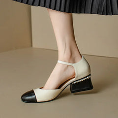 Sheepskin Leather Pumps Pearls Chunky Heels Shoes Brand Two Tone Buckle Pumps Wedding Party Dressy Shoes