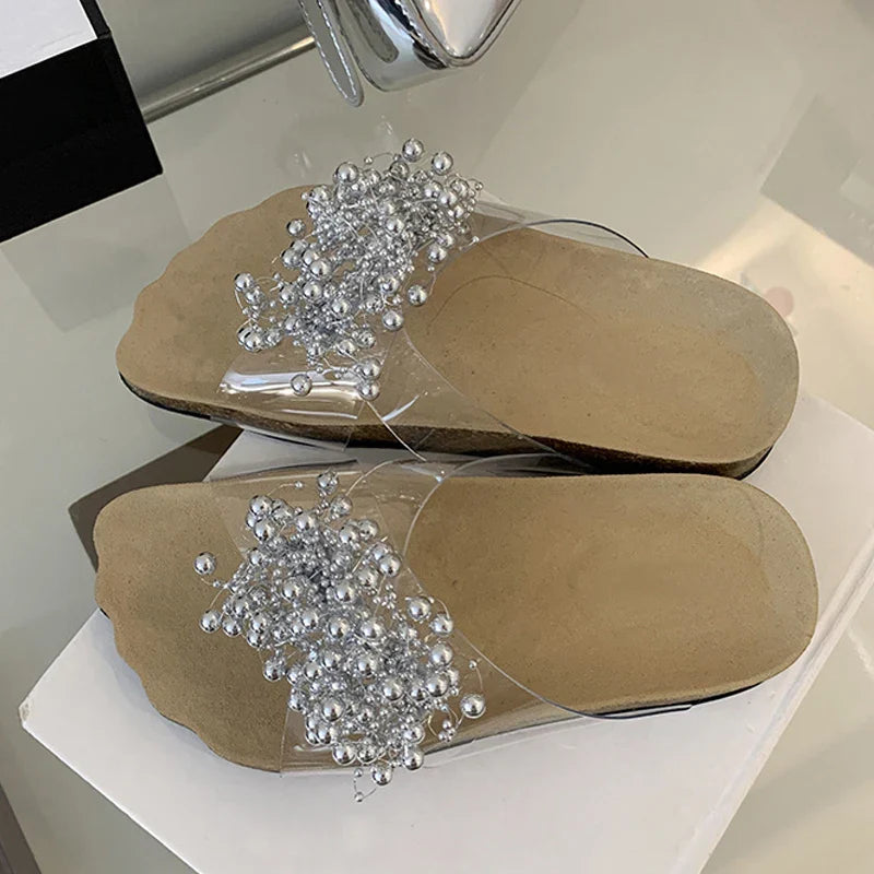 Green Pearl Slides Transparent Slippers Cozy Wide Open Toe Low Heels Beach Shoes Gladiator Sandals