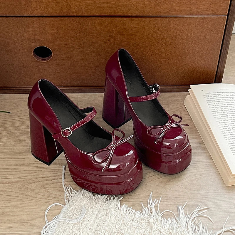 Platform Thick Heel Mary Jane Shoes Butterfly-knot Shoes Outdoor Dress Pumps