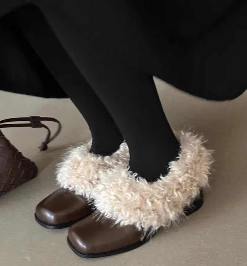 Ins style Square toe Patent Leather Wool Warm High heels Loafers Casual Girls Chunky Shoes
