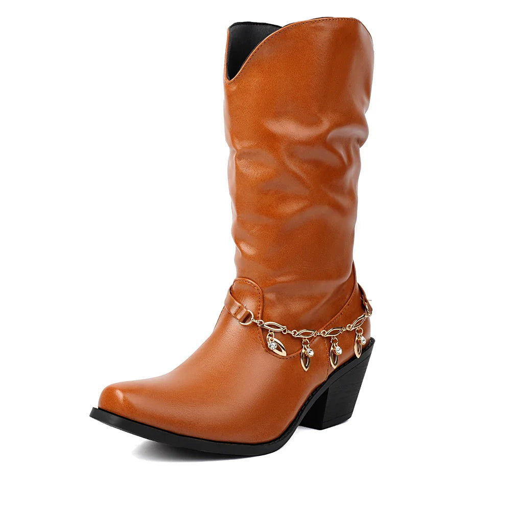 Big Size 43 Square Toe Square Toe Mid Calf Boots Metal Chain Autumn/Party Shoes Woman