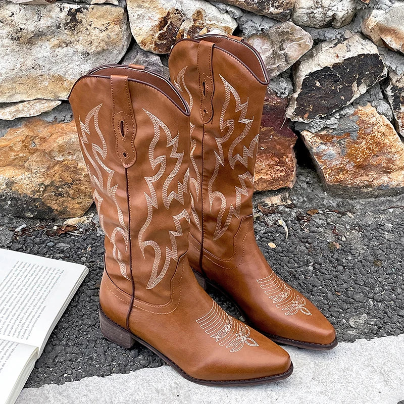 Vintage Western Cowboy Boots Slip On Thick Heel Shoes Embroidery Knight Botas