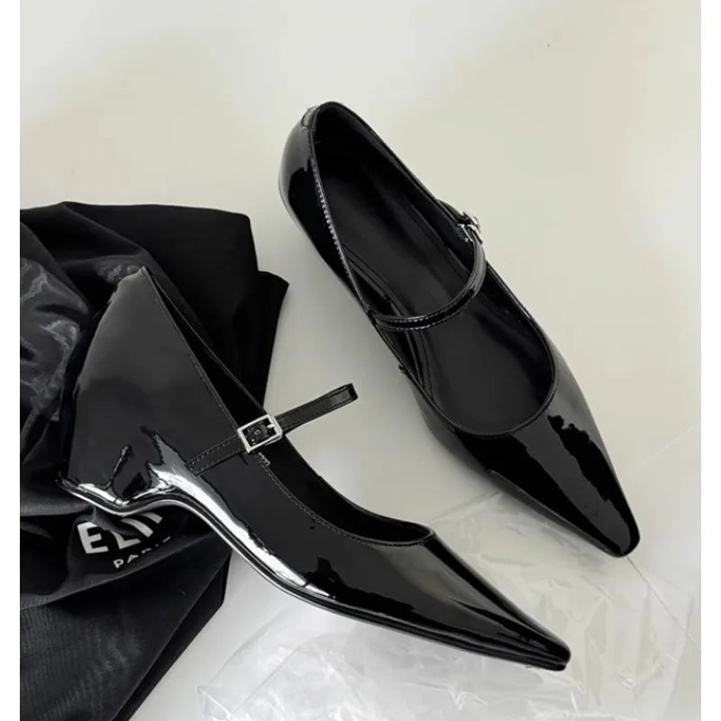 Pointed Toe Shoes Buckle Strap Solid Color Retro Brand 5CM High Heel Shallow Concise
