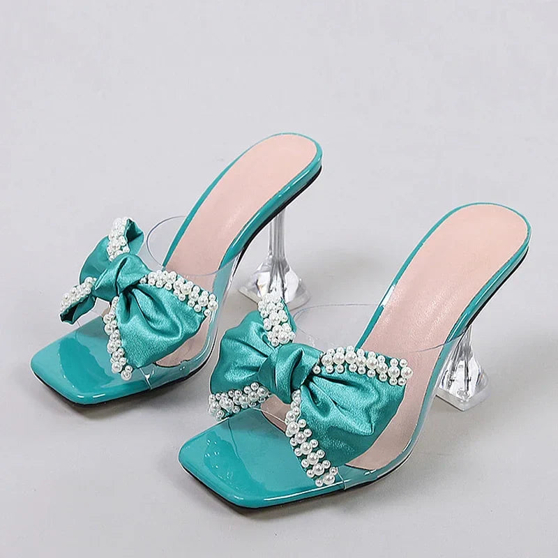 Pearl Bow Slipper Transparent PVC High Heeled Non Slip Mule Shoes