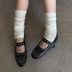 Retro Rivet Mary Jane Shoes Belt Buckle Round Toe Ballet Flats Comfortable Soft Sole Flat Shoes Zapatos De Mujer