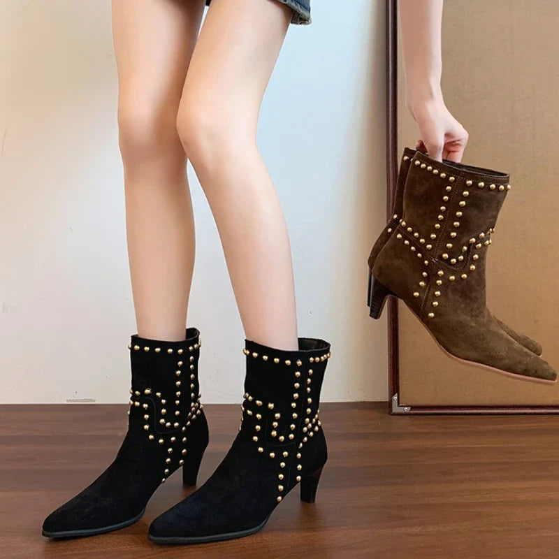 Street Style Pointed Toe Ankle Boots Slip On Square Heels Shoes Modern Short Booties
