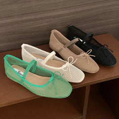Mesh Breathable Mary Janes Flats Shoes Butterfly-Knot Footwear Ballet Flats Dance Shoes