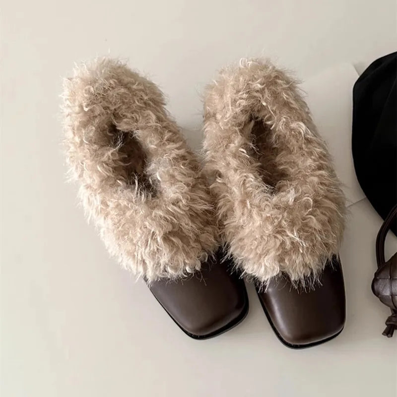 Ins style Square toe Patent Leather Wool Warm High heels Loafers Casual Girls Chunky Shoes