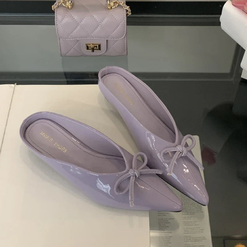 Slippers Bowknot Pointed Toe Heels Elegant Non-slip Mule Shoes Zapatos De Mujer