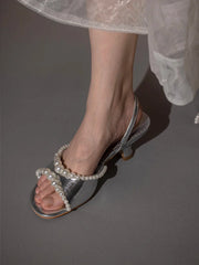 Pearls Edge Open Toe Sandals Block Heels Back Straps Shallow Sandal Dress Party Casual Rubber Sole Shoes