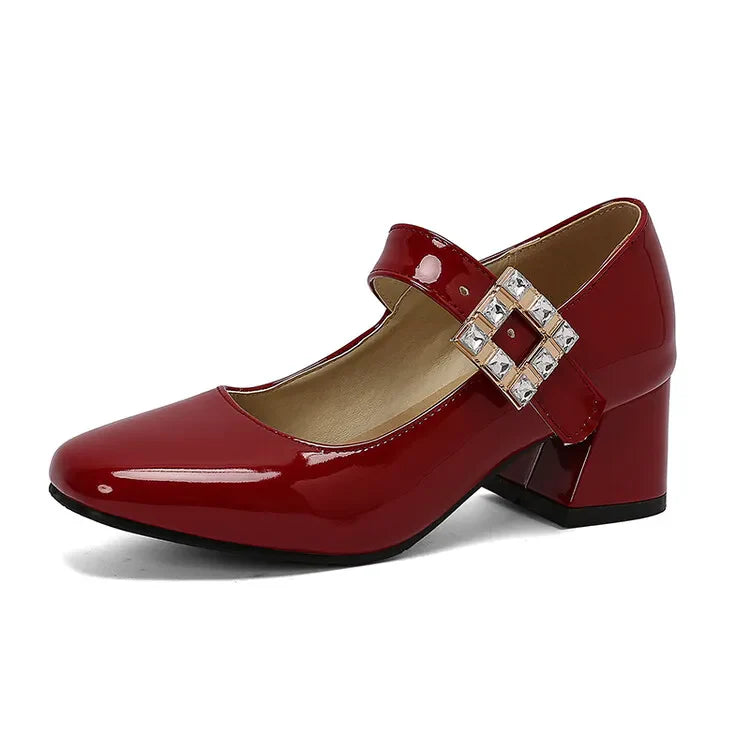 Plus Size 48 Patent Leather Mary Jane Shoes Sparkly Crystal Rhinestone Burgundy White Block Heel Pumps Party Shoe