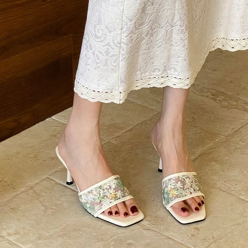 Flower Thin Heels Slides Sandals Shoes Square Toe High Heels Shoes Slip On Sandals Pumps
