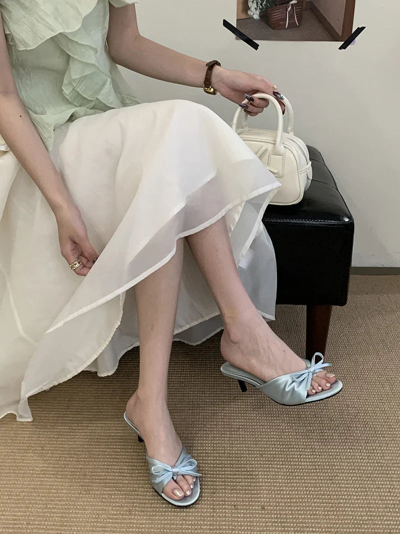 Silk Butterfly Knot Sandals Shallow Open Toe Thin Low Heels Mules Slides Shoes Zapatos Mujer